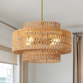 17.7" Boho Rattan Chandelier for Dining Room Light Fixture, 4-Light Hand Woven Wicker Pendant Light Fixture, Farmhouse Rustic Hanging Chandelier for D
