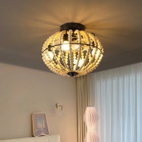 18" Bohemian Wood Beaded Ceiling Fan with Light, Flush Mount Caged Ceiling Fan, Rustic Farmhouse Low Profile Fan Light Fixture for Indoor Home Decor (