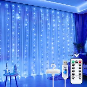 Curtain Lights, 300 LED Dimmable Fairy Lights with Remote and Timer, 8 Modes, USB Powered String Lights for Room Wall Party Xmas Indoor Decor