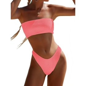New Solid Color Snake Cloth Tube Top High Waist Bikini Sexy Swimsuit Swimwear (Option: Coral Pink-L)
