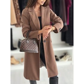 Lapel Single-breasted Wool Coat Winter Long Sleeve Solid Color Long Jacket Women Clothing (Option: Brown-S)