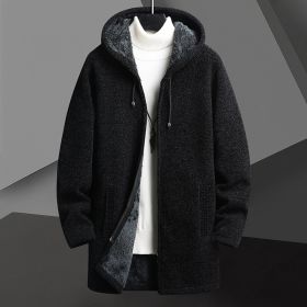 Fall Winter Men Fleece-lined Mid-length Zipper Hooded Sweater Cardigan (Option: Black-M)