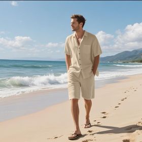 Linen Leisure Breathable Short Sleeve Shirt Beach Suit (Option: Khaki-S)