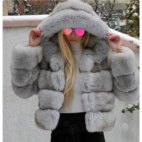 Women's Minimalist Hooded Patchwork Fur Grass Jacket (Option: Light grey-M)