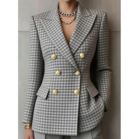 Retro Geometric Double-breasted Suit Jacket For Women, Long-sleeved, Slim Fit, Suitable For Commuting. (Option: Gray-5XL)