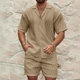 Men Tracksuits Summer Fashion Solid Loose Casual Two Pieces Lapel Button Shirt Shorts Beach Holiday All-match Outfits Male (Option: Khaki-XL)