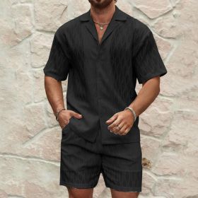 Men Tracksuits Summer Fashion Solid Loose Casual Two Pieces Lapel Button Shirt Shorts Beach Holiday All-match Outfits Male (Option: Black-L)