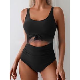 One-piece Female Stitching Contrast Color Strap Covered Belly Swimsuit (Option: Black-L)