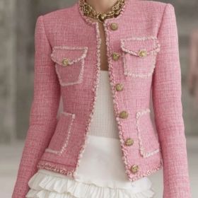Designer Tweed Patchwork White Trim Button Jacket (Option: Pink-M)