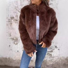 Fashion Stand Collar Plush Jacket Winter Casual Turtleneck Zipper Coat Fleece Tops Women's Clothing (Option: Dark brown-5XL)