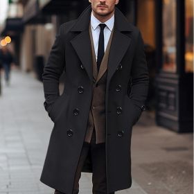 Fall Winter Men Woolen Coat Double Breasted Long (Option: Black-S)