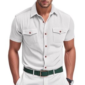Loose Heavy Lapel Corduroy Workwear Short Sleeve Shirt (Option: White 1-XL)