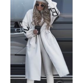 Hooded Windbreaker Long Jacket With Pockets And Drawstring Design Solid Color Knit-Sleeved Trench Coat For Women Clothing Fall Winter (Option: White-M)