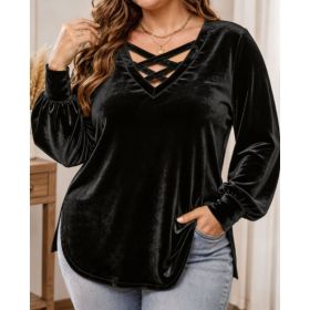 Solid-color Scoop-neck Long-sleeved Sexy Velvet Top (Option: Black-L)