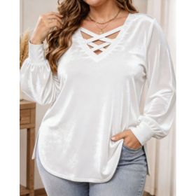 Solid-color Scoop-neck Long-sleeved Sexy Velvet Top (Option: White-2XL)
