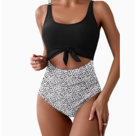 One-piece Female Stitching Contrast Color Strap Covered Belly Swimsuit (Option: Black and black dots-S)