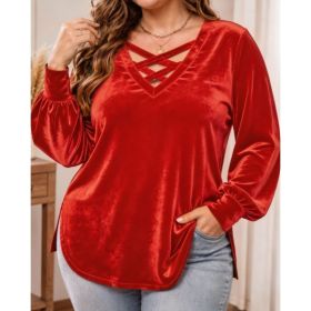 Solid-color Scoop-neck Long-sleeved Sexy Velvet Top (Option: Red-3XL)