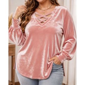 Solid-color Scoop-neck Long-sleeved Sexy Velvet Top (Option: Pink-2xl)
