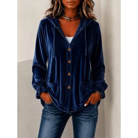 Solid-color Hooded European-style Button-up Coat (Option: Navy Blue-XL)