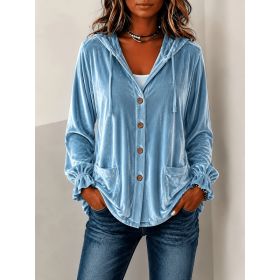 Solid-color Hooded European-style Button-up Coat (Option: Light Blue-XL)