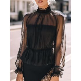 Stand-collar Ruffled Waist-defined Long-sleeve Elegant Top (Option: Black-L)