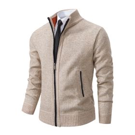 Men's Solid Color Stand Collar Cardigan Sweaters Coat (Option: Beige white-L)