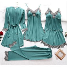 French Pajamas Spring And Summer Thin Ice Silk Nightdress Five-piece Suit (Option: Green-XL)