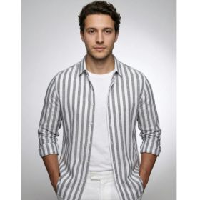 Striped Print Shirt Casual Loose Long-sleeved Shirt Men's Clothing (Option: HDCS016 Light Gray-S)