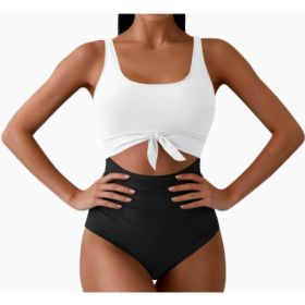 One-piece Female Stitching Contrast Color Strap Covered Belly Swimsuit (Option: Black White-XXL)