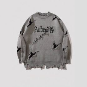 New Personality Street Jacquard Ripped Frayed Vintage Loose Sweater (Option: Gray-S)