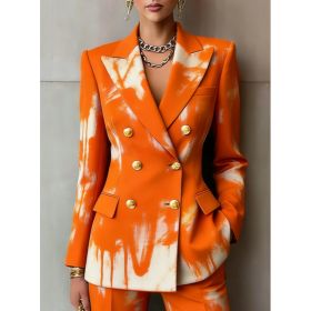 Retro Geometric Double-breasted Suit Jacket For Women, Long-sleeved, Slim Fit, Suitable For Commuting. (Option: Orange-5XL)