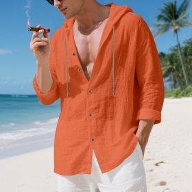 Mens Linen Hooded Long-Sleeve Casual Cardigan Shirt (Option: Orange-S)