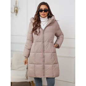 Women's Hooded Cotton-padded Jacket, Mid-length, Slim-fitting, Warm Cotton-padded Jacket (Option: Khaki-L)