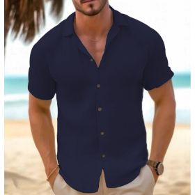 Men's Short-Sleeved Button-Down Shirt Summer Slim-Fit Lapel Shirts Casual Beachwear Clothing (Option: Navy Blue-M)