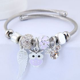 DIY Beaded Owl Angel Wings Pendant Stainless Steel Bracelet (Option: Purple)