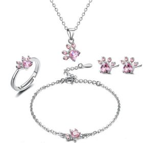 New Cat Bear Dog Paw Ring for Women Jewelry Sets (Option: Pink sliver set)