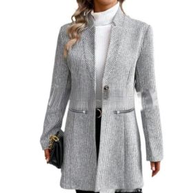 European And American Leisure Vertical Pattern Women's Woolen Jacket Zipper (Option: Light Gray-XL)