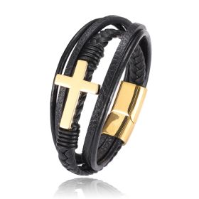 Multi-layer Braided Stainless Steel Cross Men's Bracelet (Option: Gold-21.5cm)