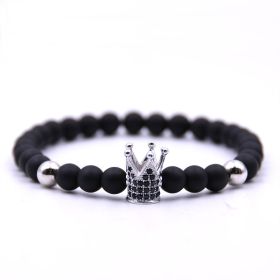 Micro-inlaid crown 6mm matte black plus copper bead bracelet copper inlaid zircon jewelry (Option: silvery)