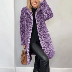 Fall Winter Leopard Print Plush Mid-length Coat (Option: Purple-XL)