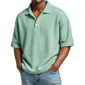 Men's Summer Basic Style Waffle Pattern Button Collar POLO Shirt Short Sleeve New Top (Option: Light Green-S)