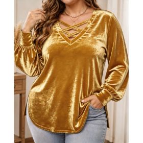 Solid-color Scoop-neck Long-sleeved Sexy Velvet Top (Option: Yellow-2XL)