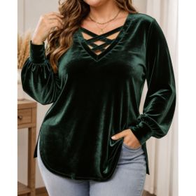 Solid-color Scoop-neck Long-sleeved Sexy Velvet Top (Option: Green-2XL)