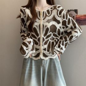 Loose-fitting Long-sleeve Hollow-out Knitted Cardigan Top (Option: Brown-Free Size)