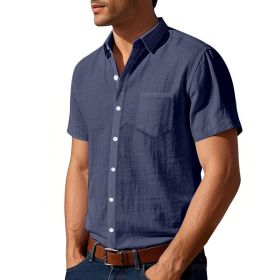 Solid Color Linen Shirt Short Sleeve Men (Option: Navy Blue-S)