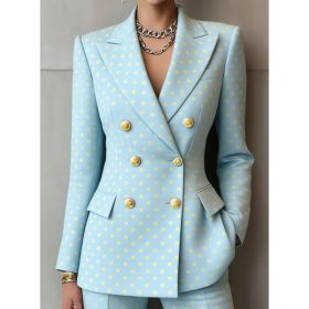 Retro Geometric Double-breasted Suit Jacket For Women, Long-sleeved, Slim Fit, Suitable For Commuting. (Option: Light Blue-M)