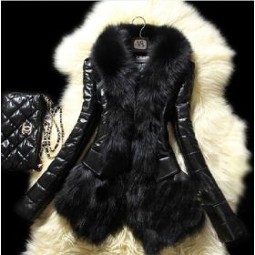 Faux fur large fur collar leather jacket (Option: Black-M)
