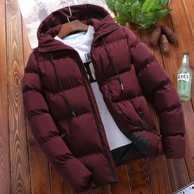 Winter Men's Solid Color Hooded Padded Coat (Option: Wine Red-L)