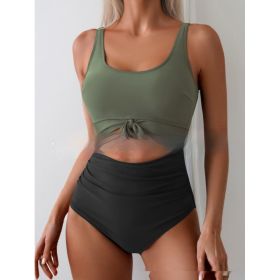 One-piece Female Stitching Contrast Color Strap Covered Belly Swimsuit (Option: Green Black-XL)