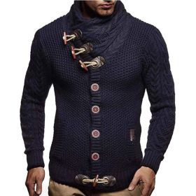 Knitted Jacket With High Collar Buttons (Option: Navy Blue-XL)